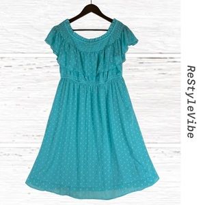 TORRID Women’s Size 00 10-12 Dress Polka Dot Aqua Sheer Lined Off Shoulder Style